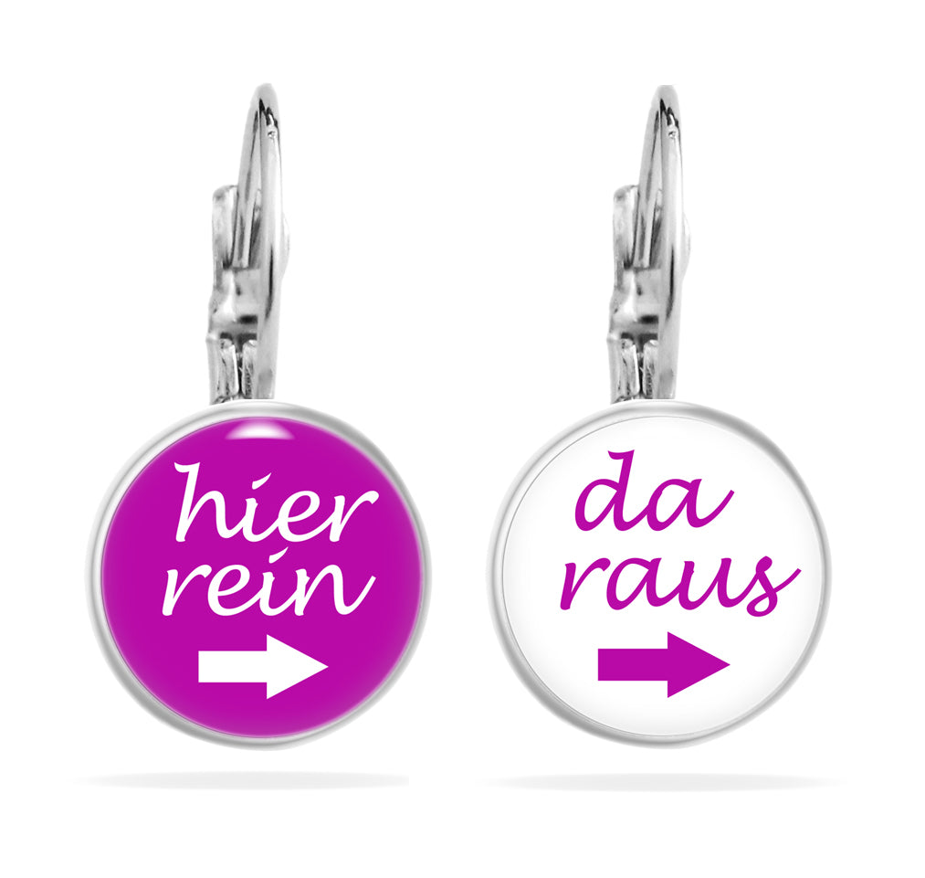 Ohrringe Spruch "Hier Rein Da Raus" - Ohrhänger Lustig Edelstahl 12 mm Durchmesser