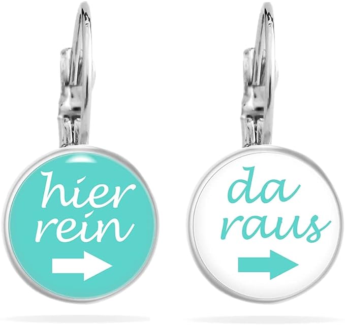 Ohrringe Spruch "Hier Rein Da Raus" - Ohrhänger Lustig Edelstahl 12 mm Durchmesser