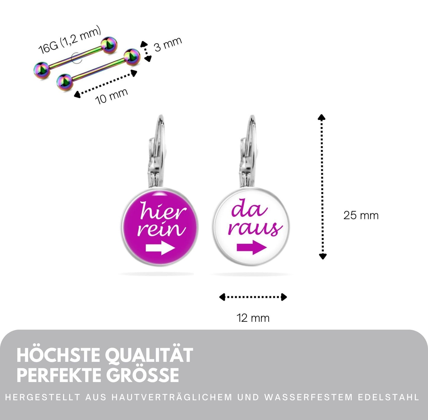 Ohrringe Spruch "Hier Rein Da Raus" - Ohrhänger Lustig Edelstahl 12 mm Durchmesser