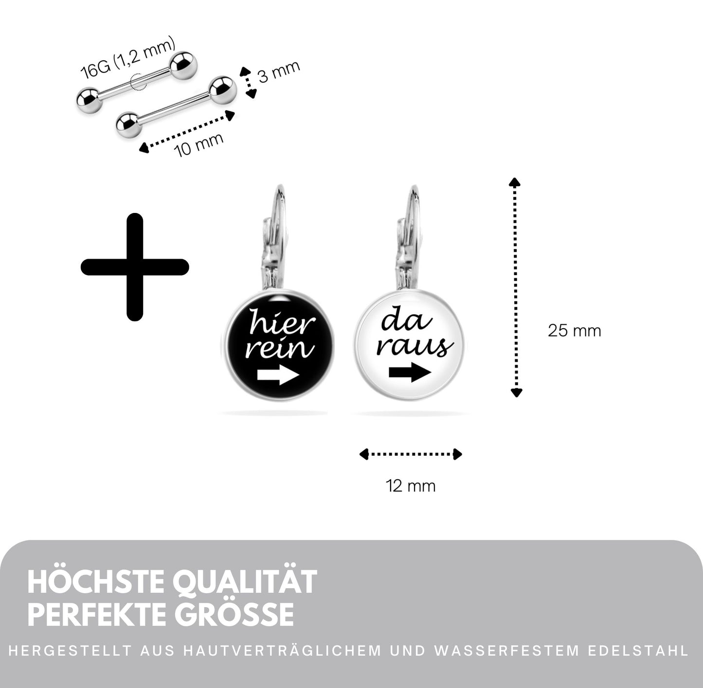 Ohrringe Spruch "Hier Rein Da Raus" - Ohrhänger Lustig Edelstahl 12 mm Durchmesser