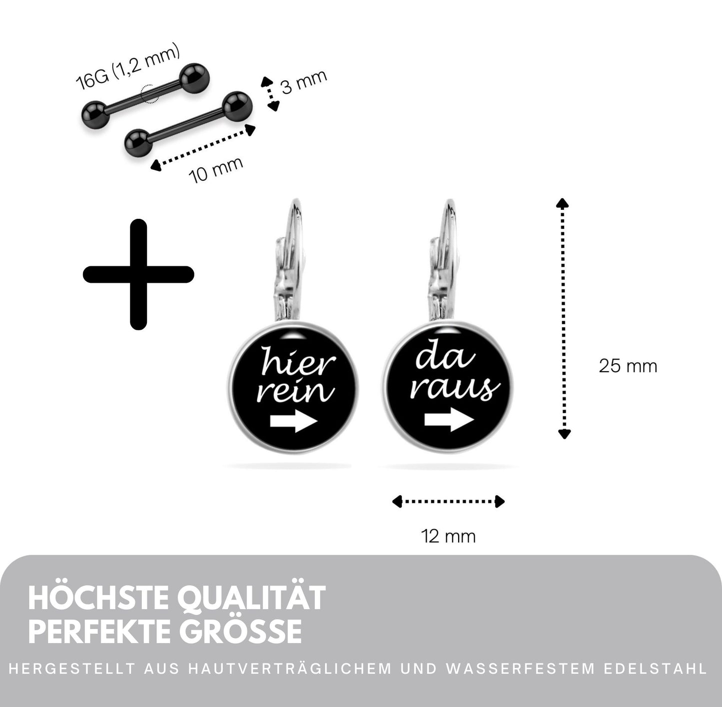 Ohrringe Spruch "Hier Rein Da Raus" - Ohrhänger Lustig Edelstahl 12 mm Durchmesser