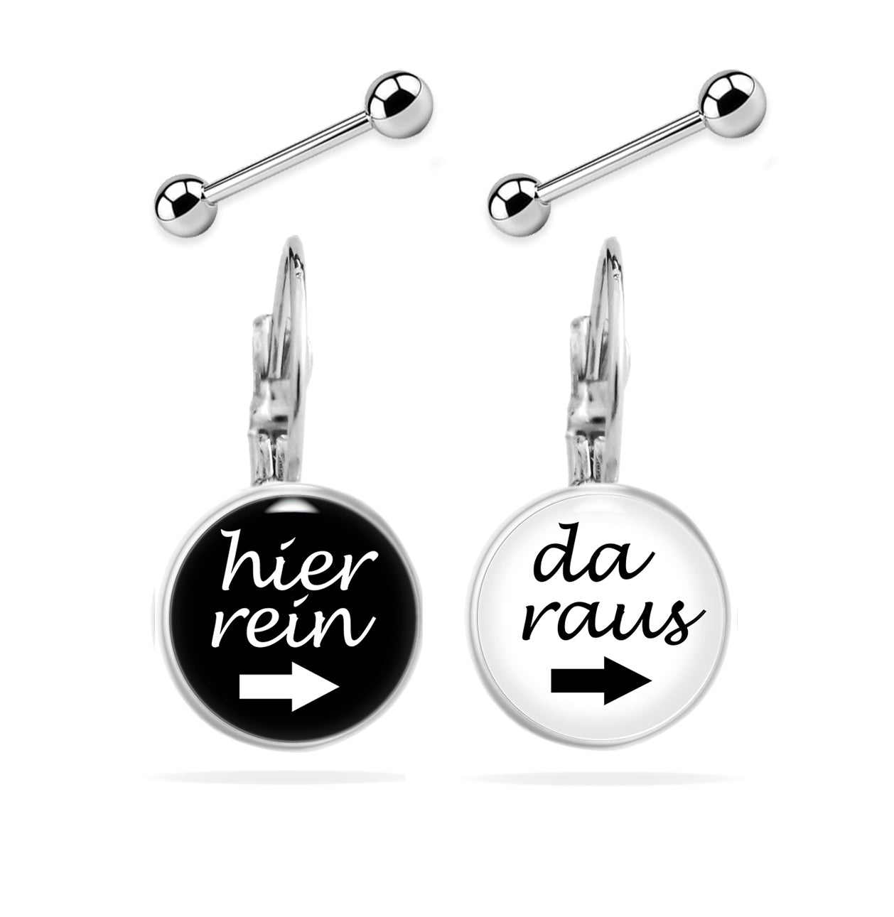 Ohrringe Spruch "Hier Rein Da Raus" - Ohrhänger Lustig Edelstahl 12 mm Durchmesser