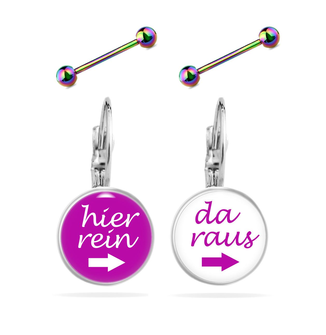 Ohrringe Spruch "Hier Rein Da Raus" - Ohrhänger Lustig Edelstahl 12 mm Durchmesser