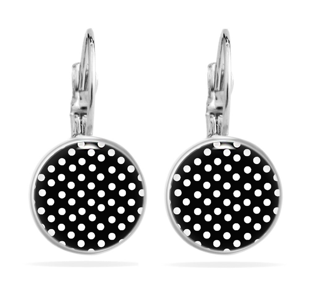 Polka Dots Ohrringe, Punkte Ohrringe, Pünktchen Ohrringe, Hängend Ohrringe Schwarz Weiss mit Punkten, Damen 70er Jahre Accessoires