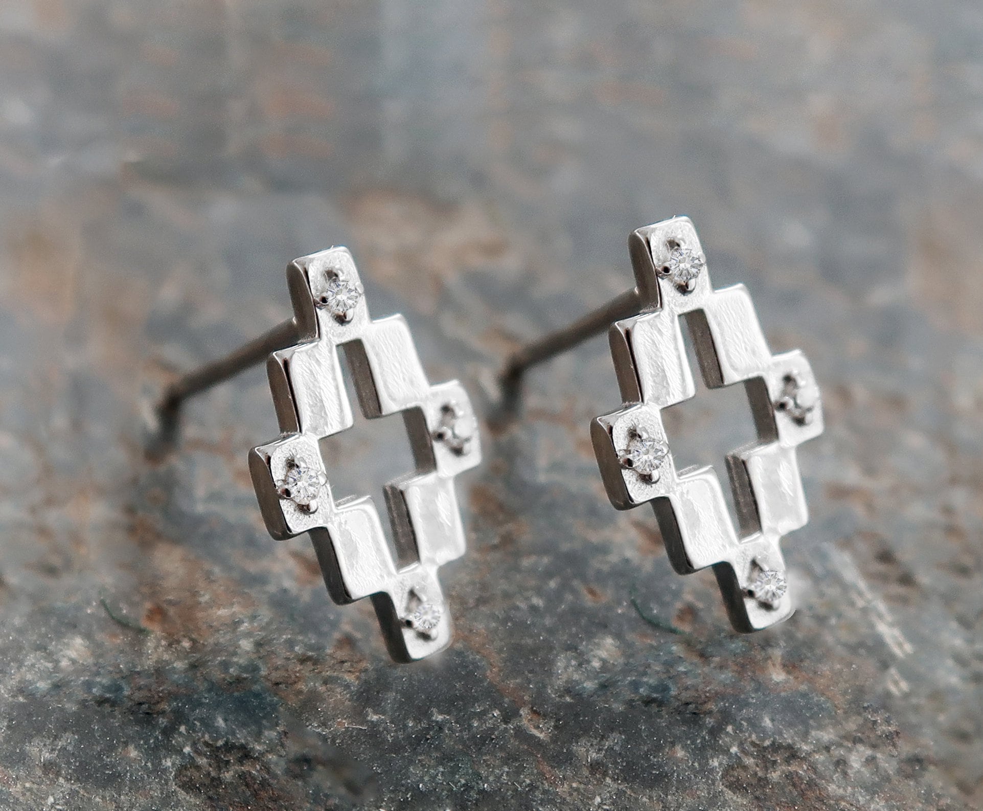 Kreuz Ohrringe, Art Deco Ohrringe, Marokkanische Boho Ohrringe, Geometrisch 925 Silber Ohrstecker, Zirkonia Kristall Ohrringe Silber 925