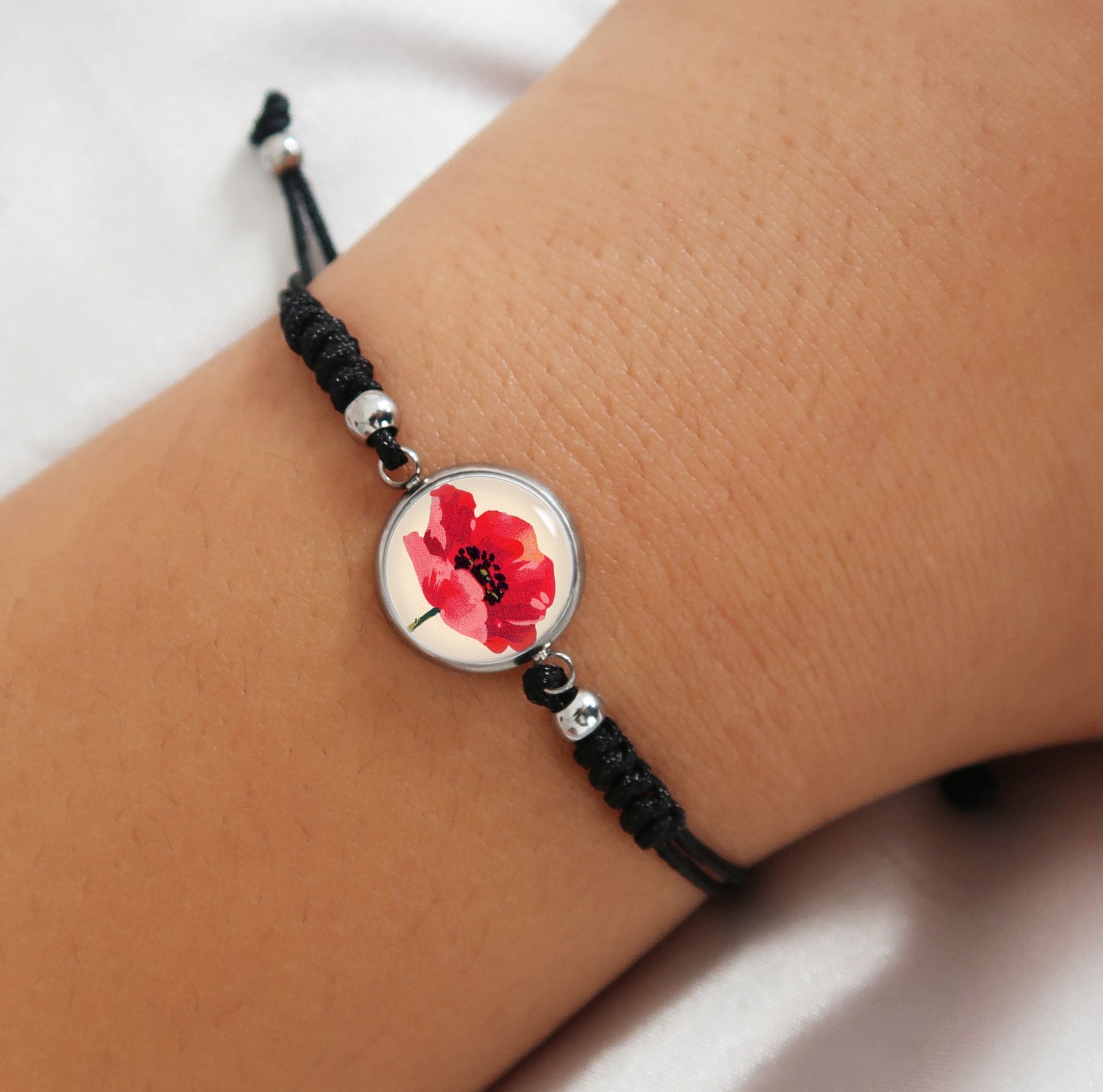 Mohnblumenarmband, Armband Makramee, Rote Mohnblumen Stoff Armband Damen, Mohn schmuck, Handgemachter Schmuck, Geschenke für sie