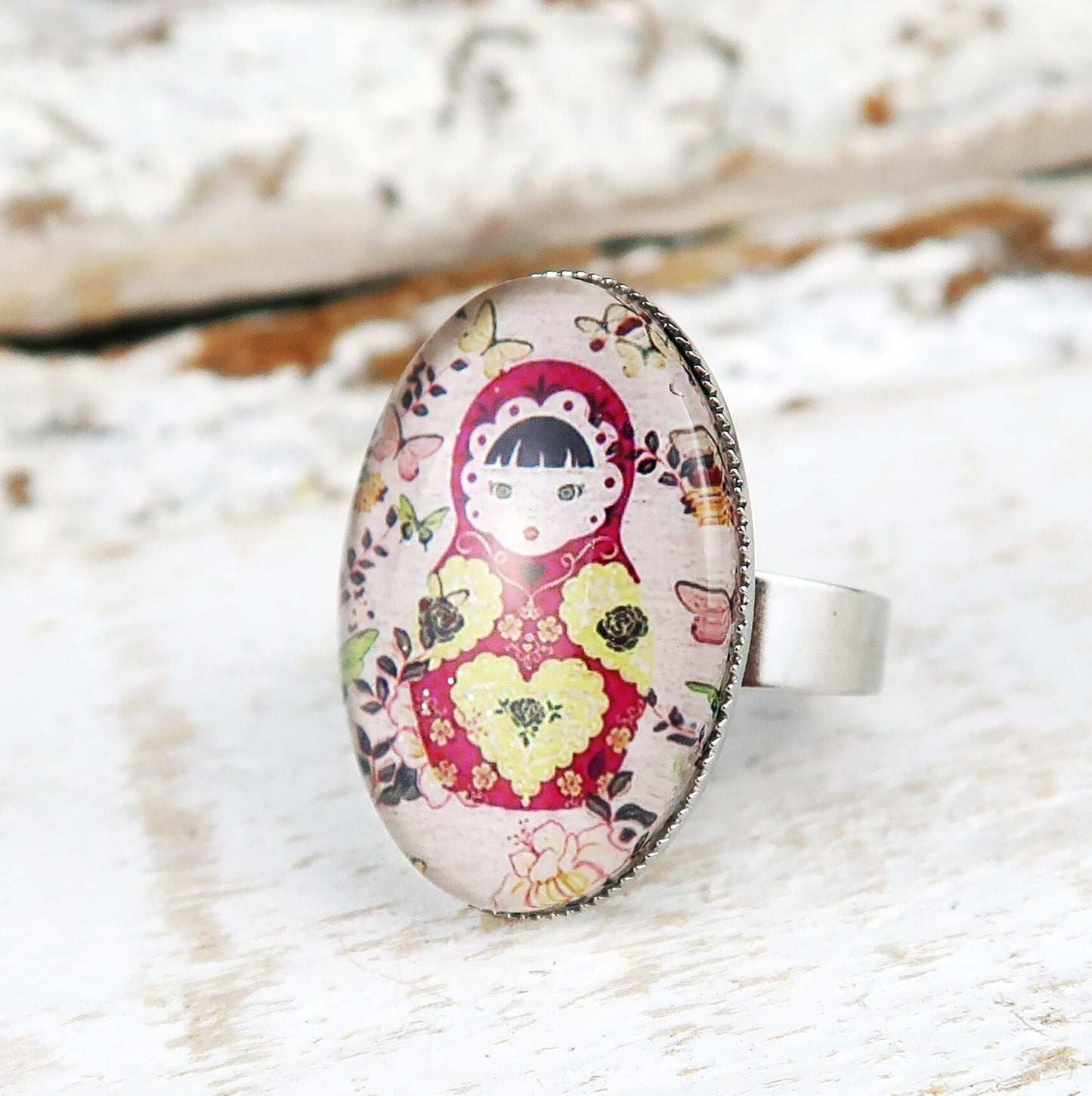 Matroschka Ring, Traditionelles Russisches Muster Cabochon Ring, Russische Puppen Ring, Geschenke für Schwester Freundin