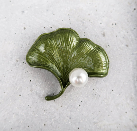 Brosche Gingo Blatt, Brosche Perlen Grün, Brooch Pins, Brosche Vintage, Vintage Schmuck, Geschenke für sie, Mama Geschenk